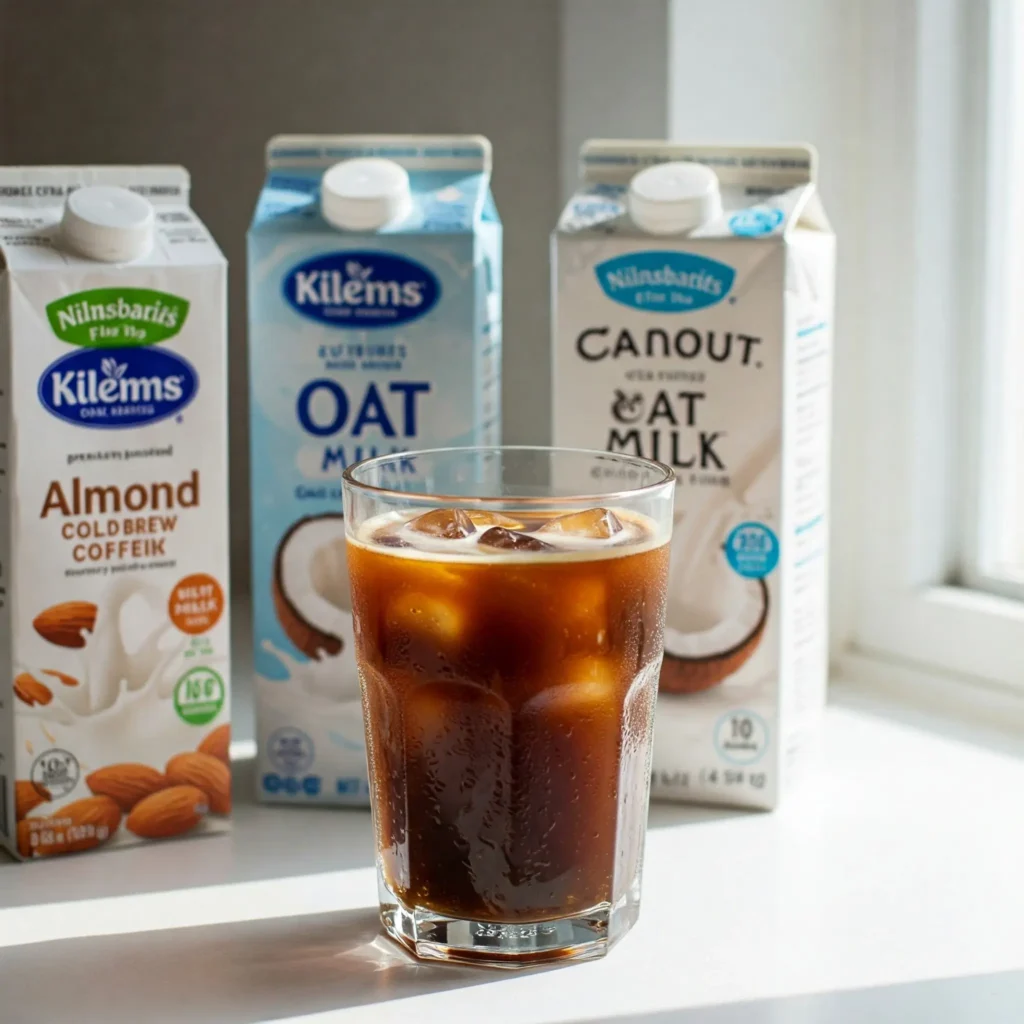 A refreshing dairy-free iced coffee in a clear glass, surrounded by plant-based milk options (almond, oat, coconut), minimalist setup.