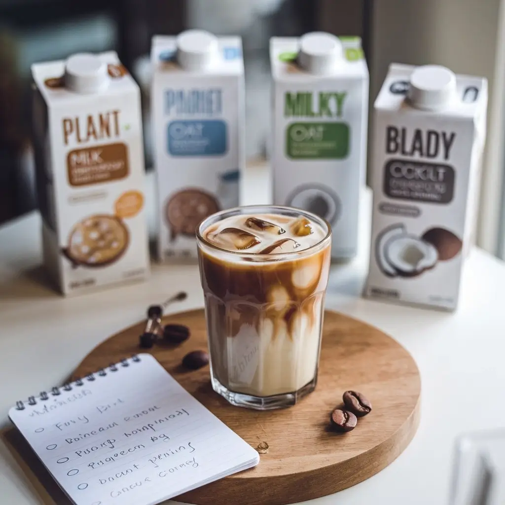 A glass of dairy-free iced coffee with ice cubes, plant-based milk options (almond, oat, coconut), and a notepad with small tips written beside it.