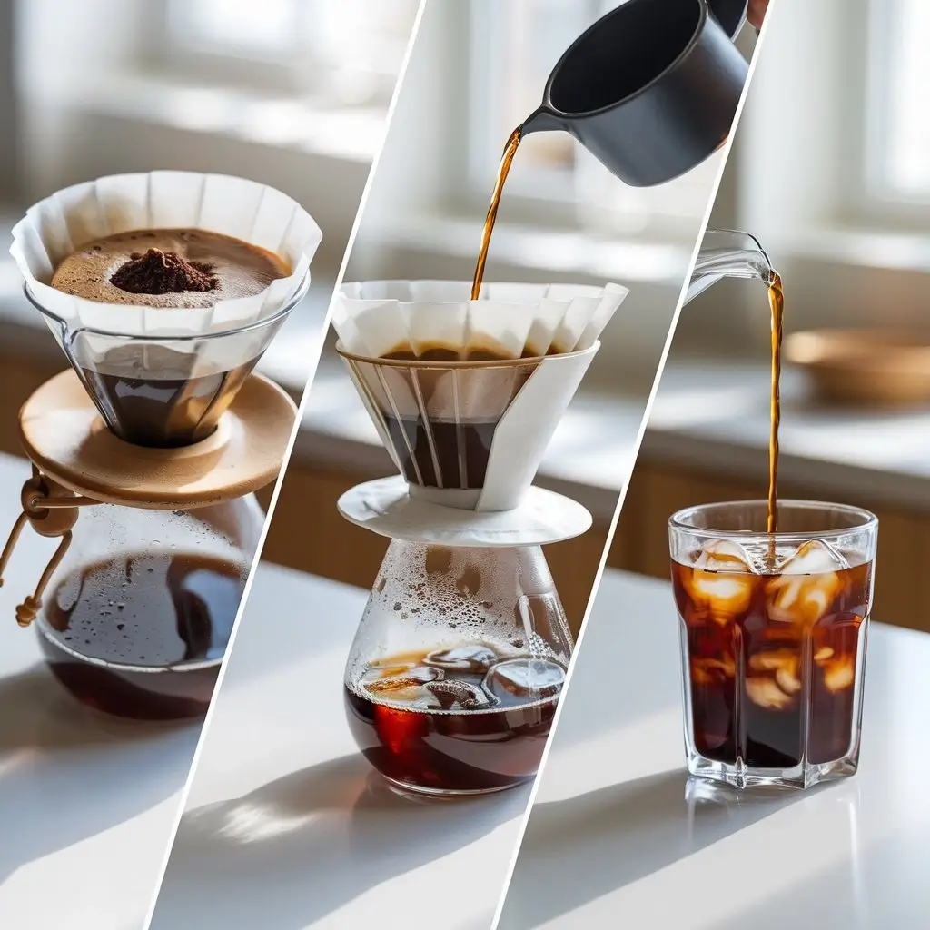 Step-by-step V60 iced pour-over coffee process from brewing to serving on a bright kitchen counter.