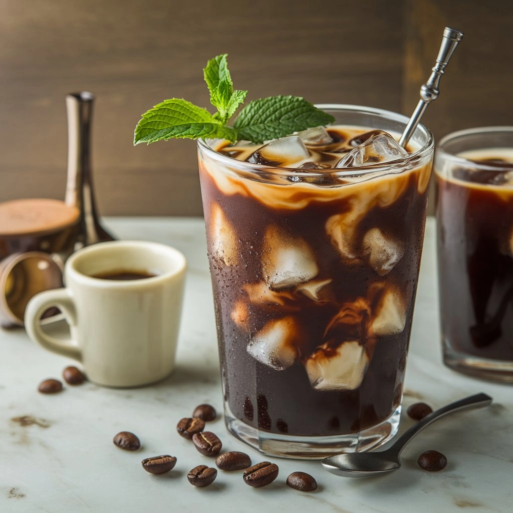 Close-up of iced Cuban coffee with dark espresso, condensed milk, and a lime slice on a wooden countertop.