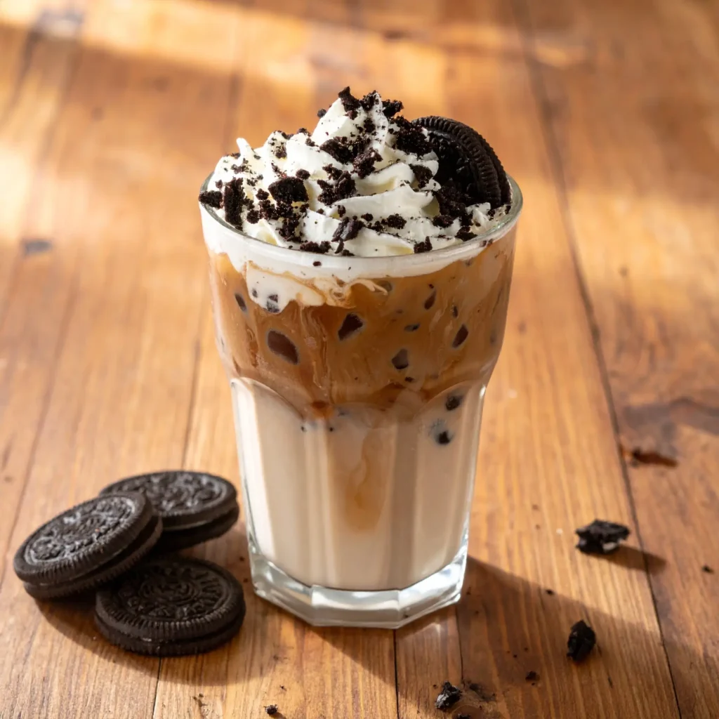 Iced coffee infused with crushed Oreos, topped with whipped cream and sprinkled with Oreo crumbs.