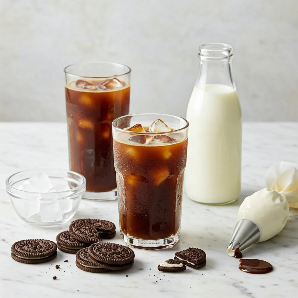 Ingredients for making iced coffee Oreo drink: cold brewed coffee, Oreo cookies, milk, ice, whipped cream, and chocolate syrup.