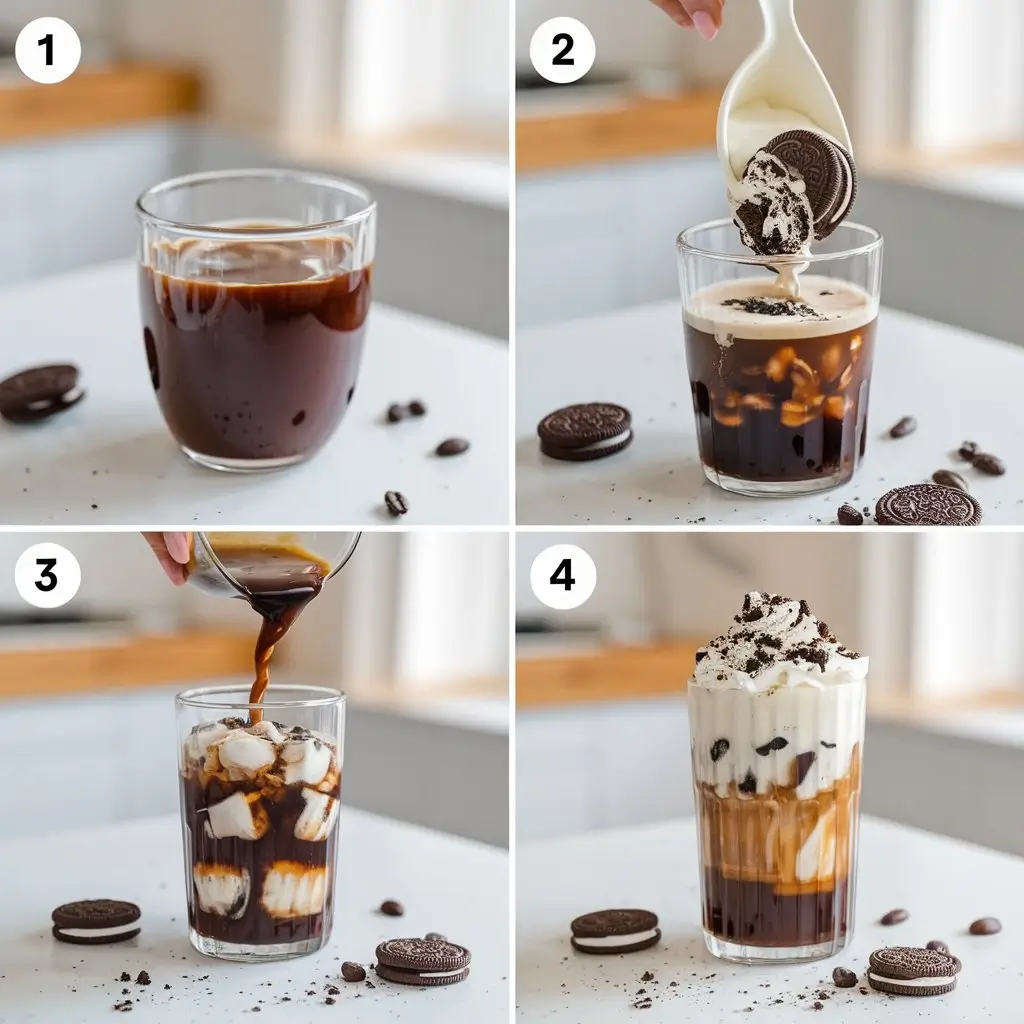 Step-by-step process of making iced coffee Oreo: brewing, mixing, assembling, and finishing.