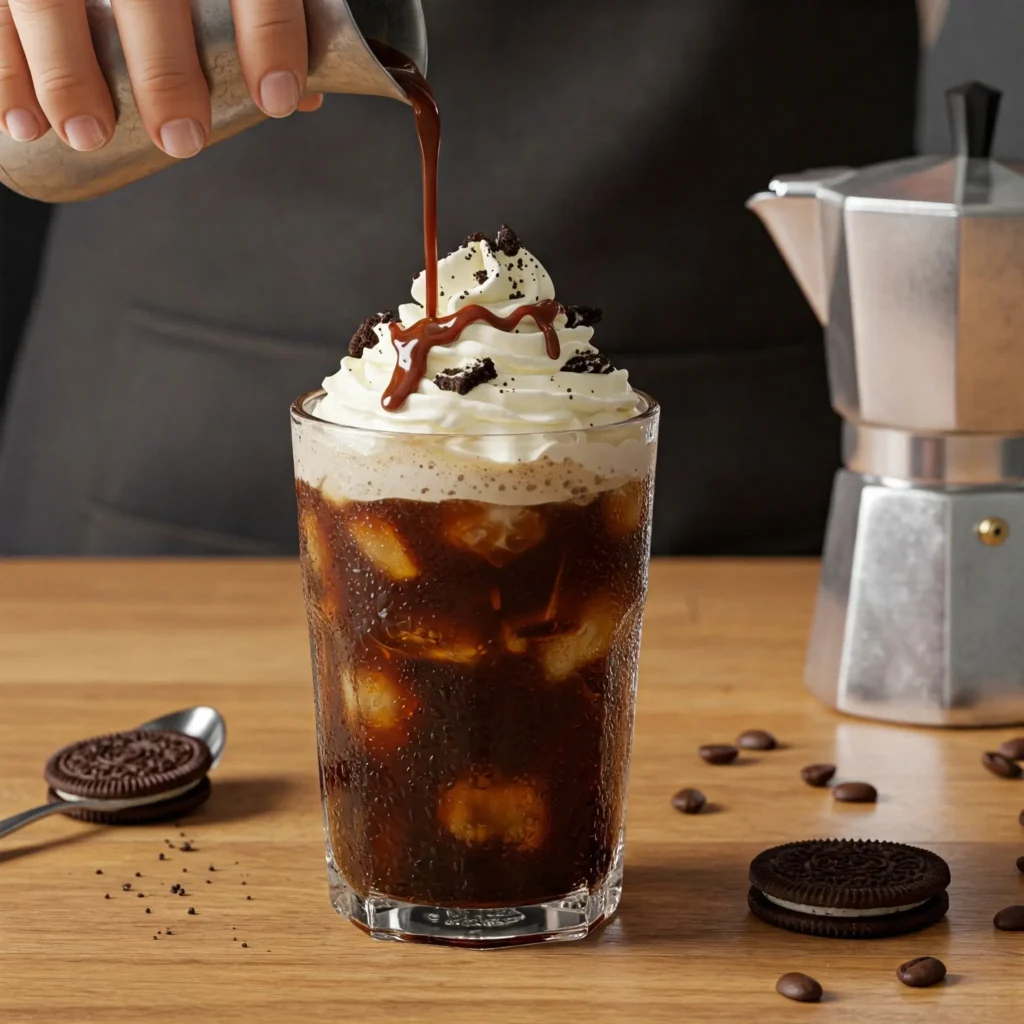 Barista-style iced coffee Oreo being perfected with Oreo crumbs, cold brew, whipped cream, and chocolate drizzle