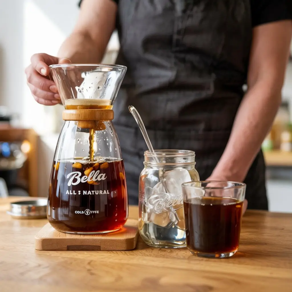 Barista brewing cold brew coffee using the Bella All Natural method with coarsely ground coffee and water