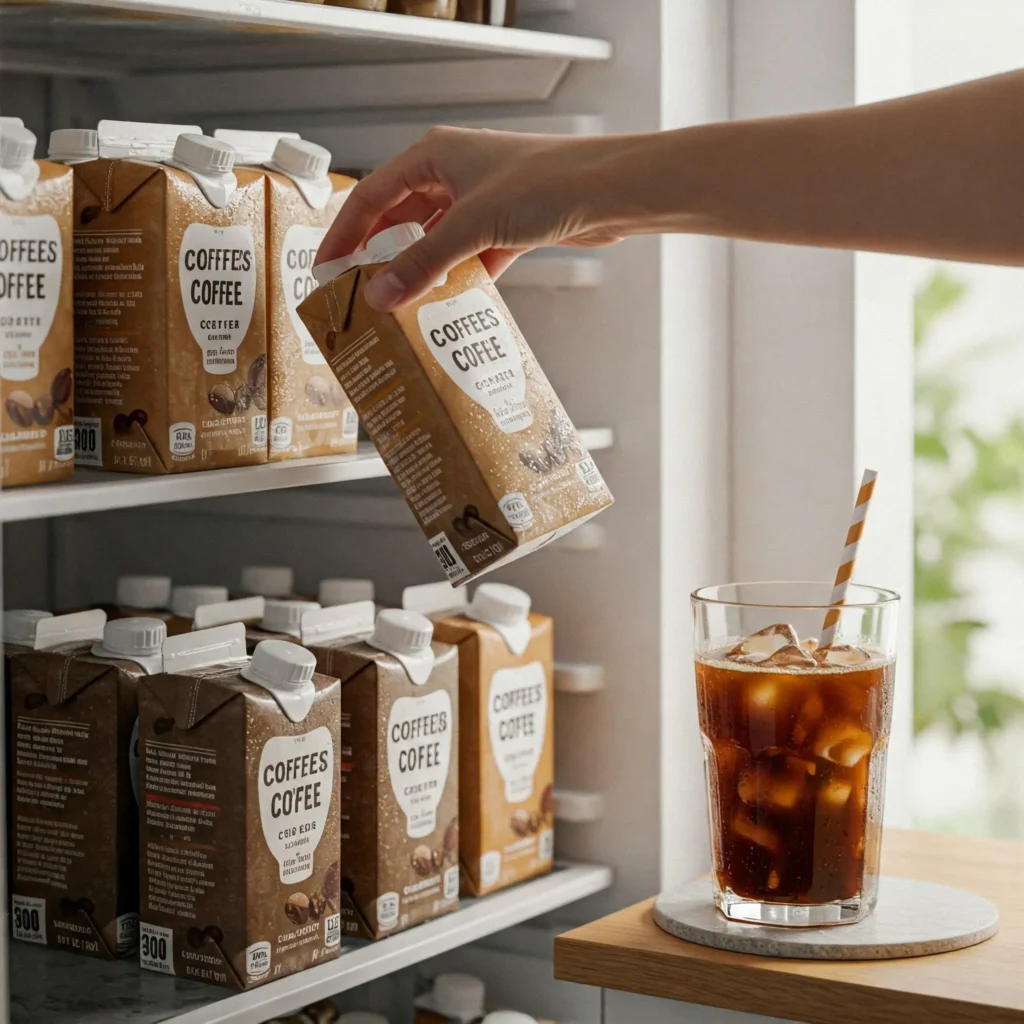 Hand grabbing a cold iced coffee carton from a fridge, with other flavors and a glass of iced coffee nearby