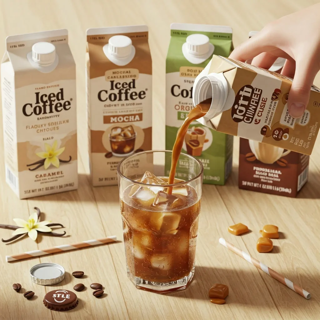 Flat-lay of top iced coffee carton brands in vanilla, mocha, caramel, and original flavors with one pouring into a glass
