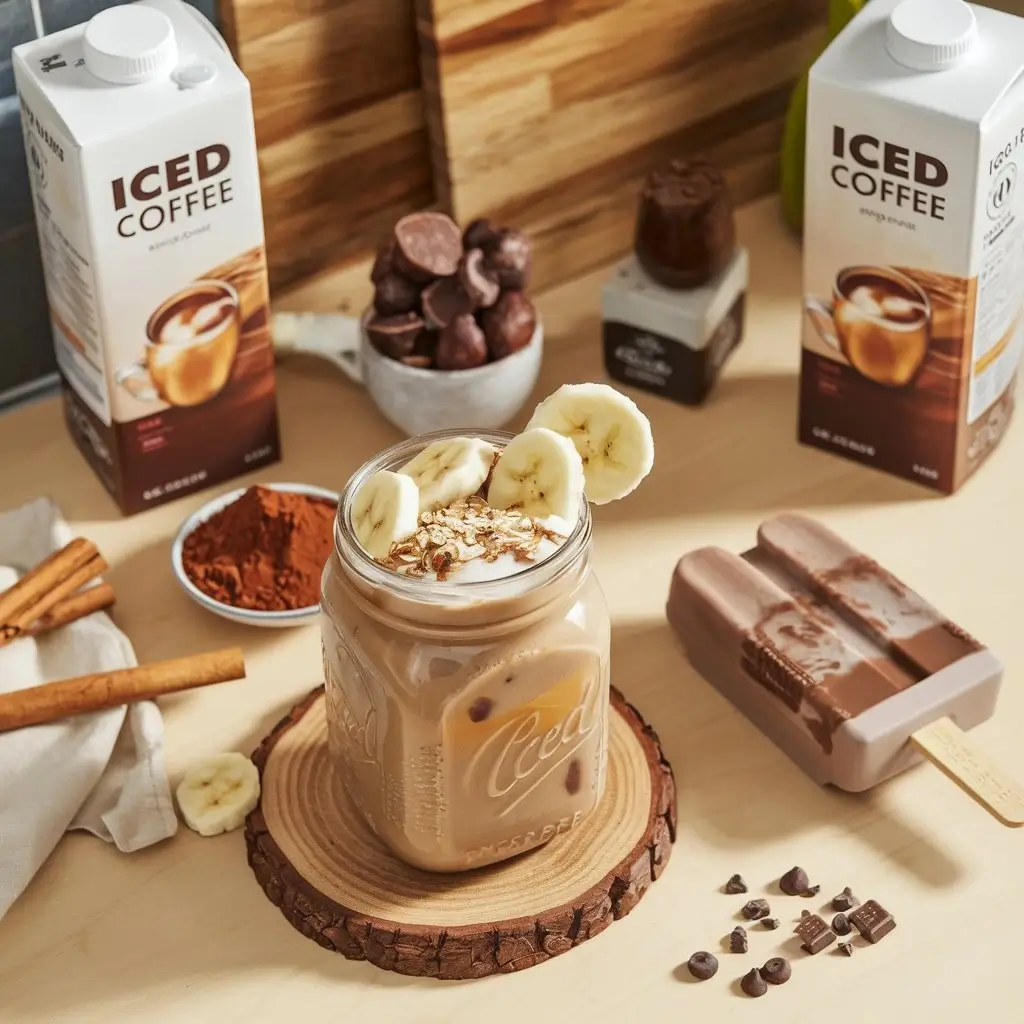 Top-down view of iced coffee recipes: smoothie with banana and oats, frozen popsicles, and dessert bowl with iced coffee cartons