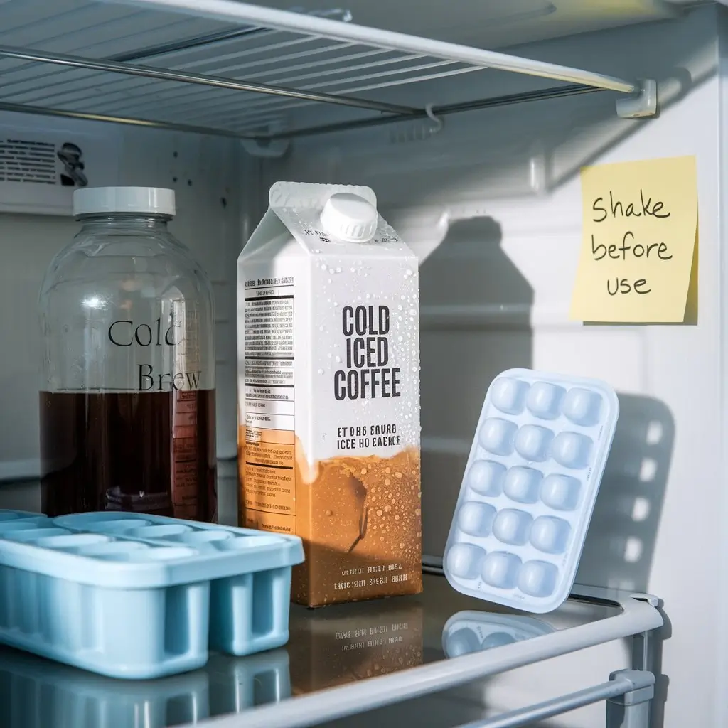Iced coffee carton stored in the fridge with a cold brew container, coffee ice cube tray, and a sticky note