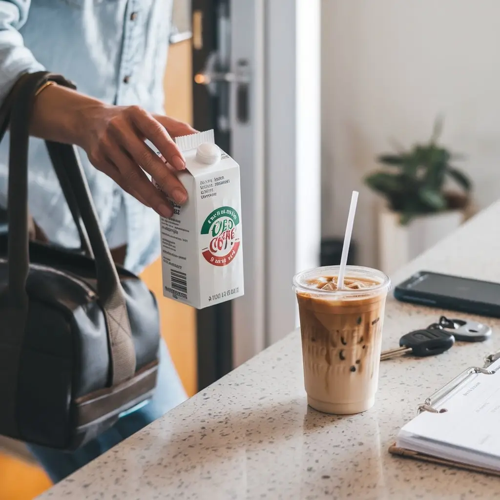 Person holding an iced coffee carton, bag, and laptop case in a busy morning scene with phone, keys, and planner
