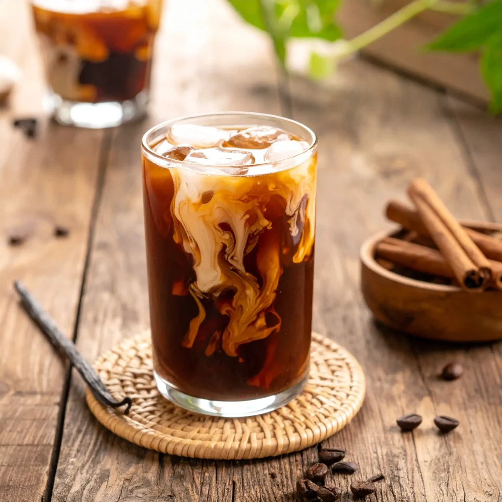 Close-up of Mexican iced coffee with cinnamon, vanilla, sweetened condensed milk, and ice cubes