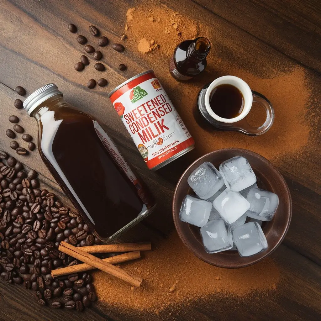 Ingredients for Mexican iced coffee: cold brew, sweetened condensed milk, cinnamon sticks, vanilla extract, and ice cubes