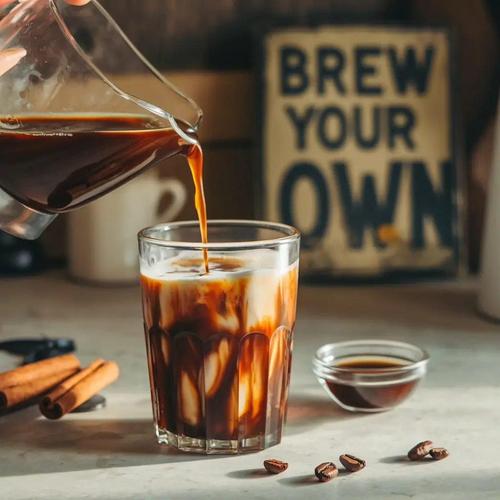 Step-by-step process of making Mexican iced coffee: pouring cold brew, adding sweetened condensed milk, stirring with cinnamon, and pouring into a glass with ice