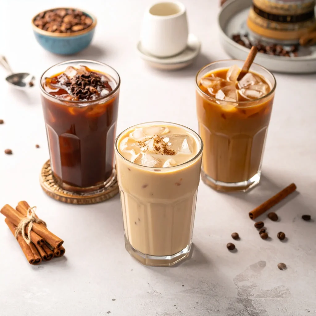 Three variations of Mexican iced coffee: classic, mocha twist with chocolate, and dairy-free with almond milk