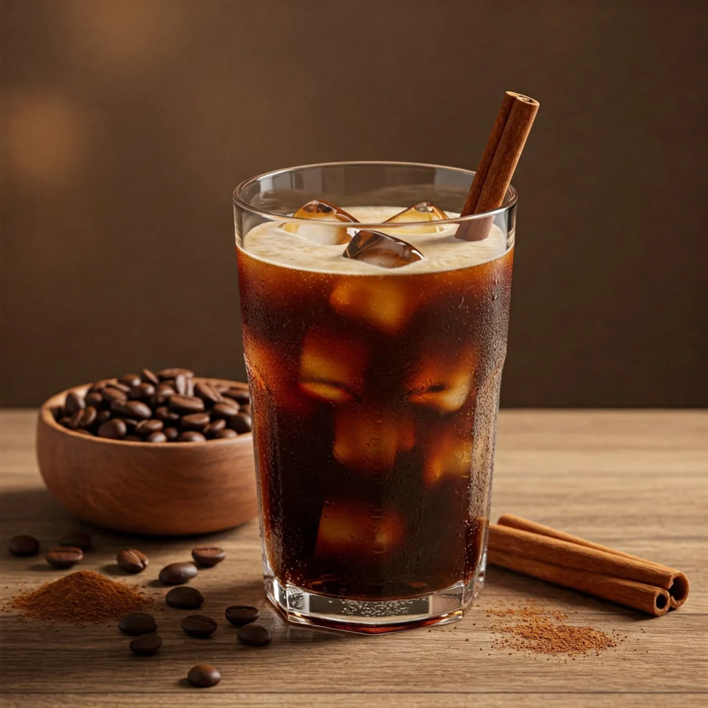Close-up of Mexican iced coffee with cold brew, sweetened condensed milk, ice cubes, and a cinnamon stick
