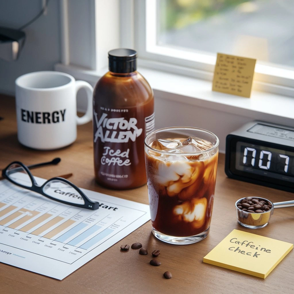 A can of Victor Allen's Iced Coffee with a caffeine content label.