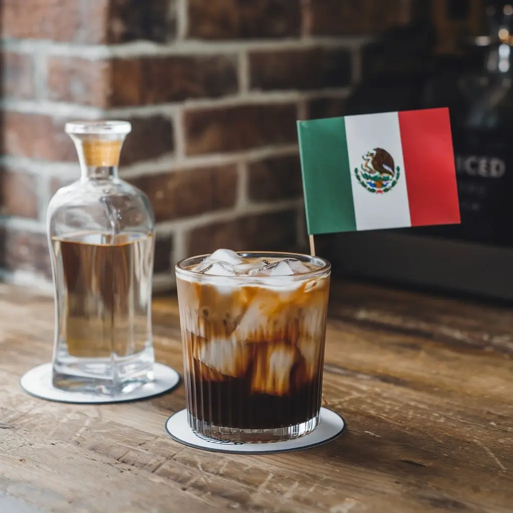 Step-by-step process of brewing a Mexican iced coffee cocktail with a Mexican flag in the background.