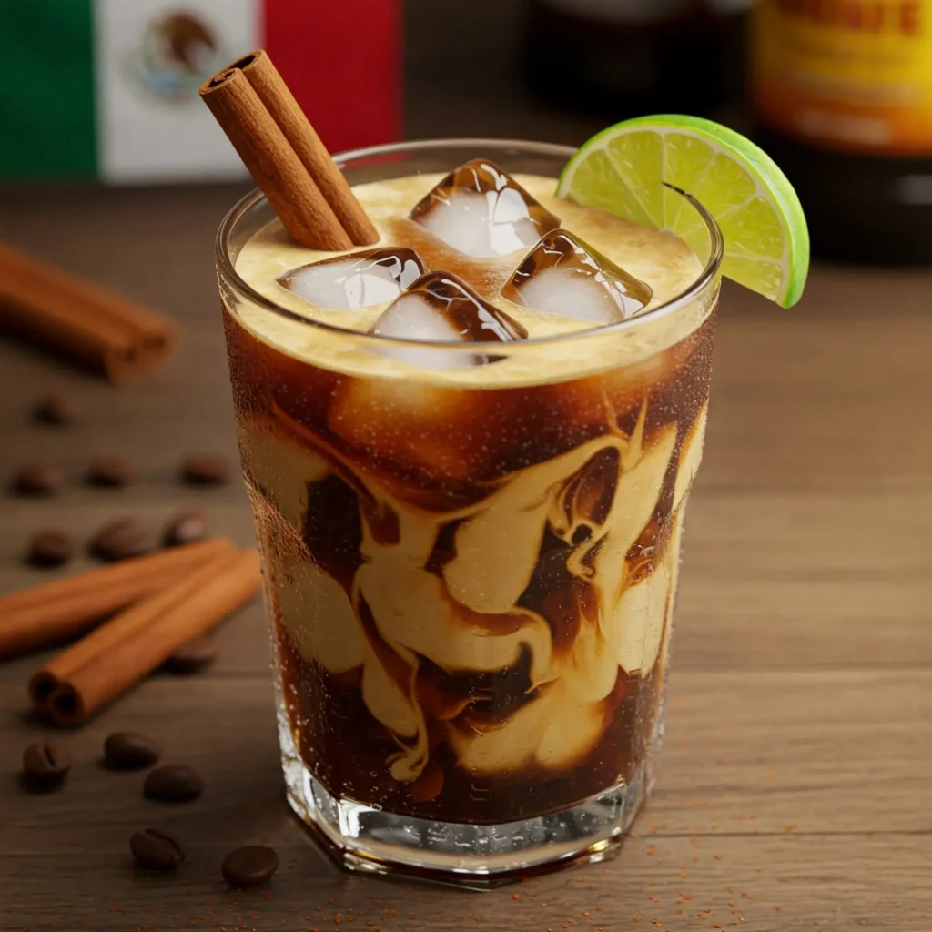 Close-up of a Mexican iced coffee cocktail with cold brew, condensed milk, tequila, cinnamon stick, lime slice, and a subtle Mexican flag in the background.
