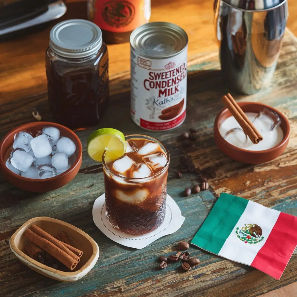 Flat-lay of ingredients for a Mexican iced coffee cocktail: cold brew, sweetened condensed milk, tequila or Kahlúa, cinnamon sticks, ice cubes, lime slice, and a Mexican flag.