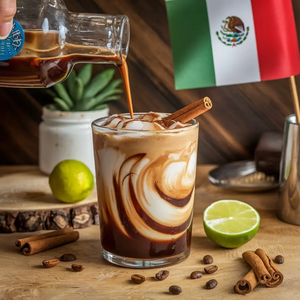 Step-by-step sequence of making a Mexican iced coffee cocktail with cold brew, condensed milk, tequila, and cinnamon stick, featuring a subtle Mexican flag.