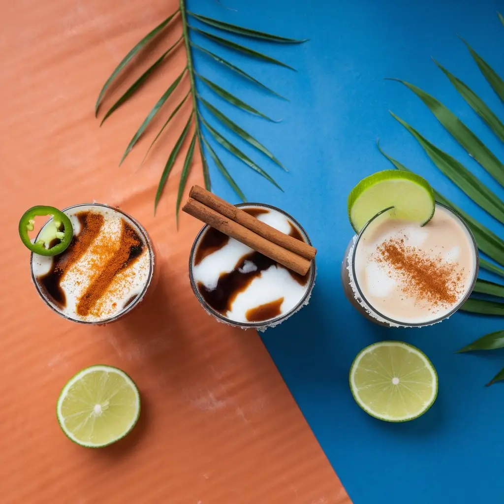 Flat-lay of three variations of Mexican iced coffee cocktails: Classic, Spicy, and Dairy-Free, with a Mexican flag subtly in the background.