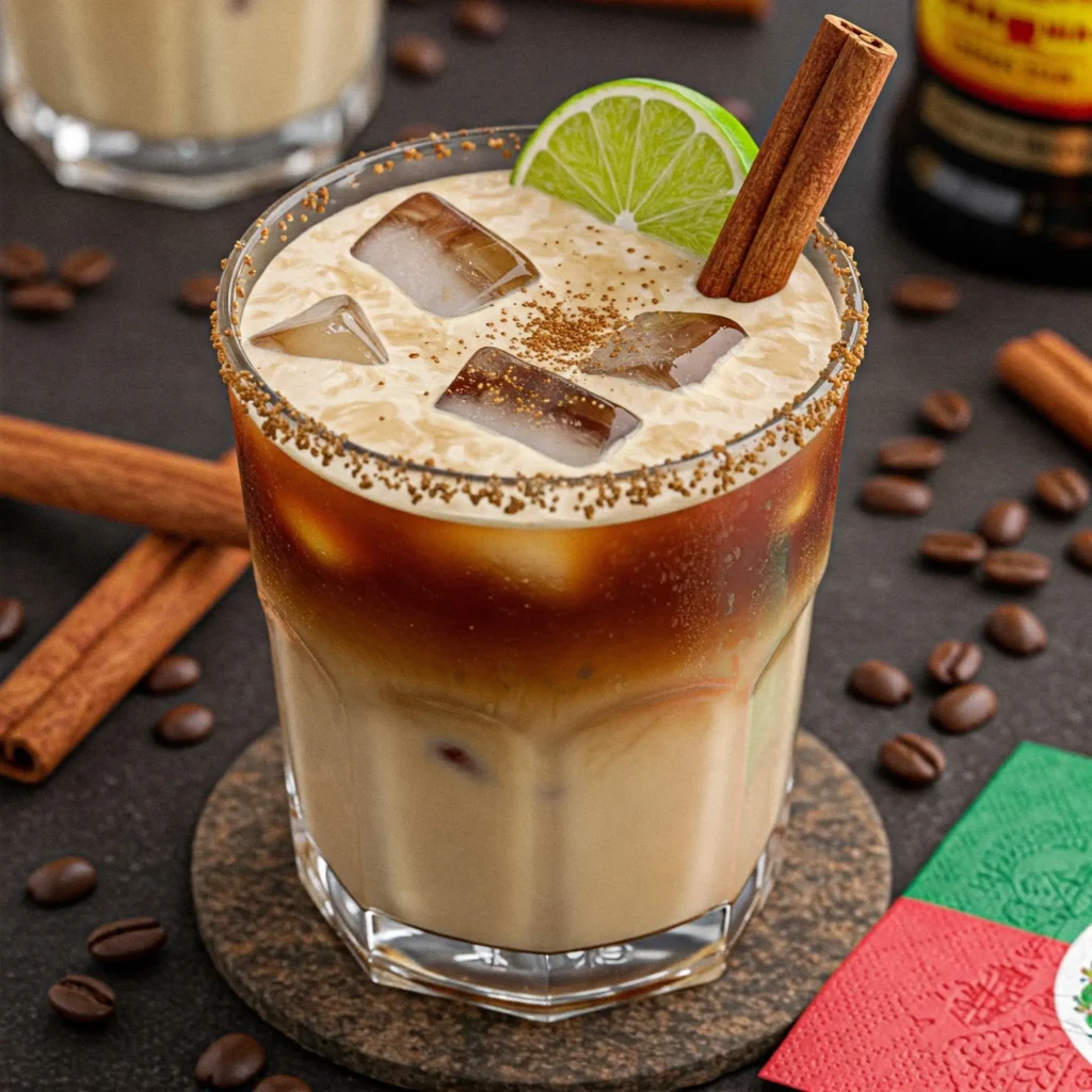 Close-up of a Mexican iced coffee cocktail with cold brew, sweetened condensed milk, Kahlúa or tequila, cinnamon stick, lime slice, and a subtle Mexican flag.