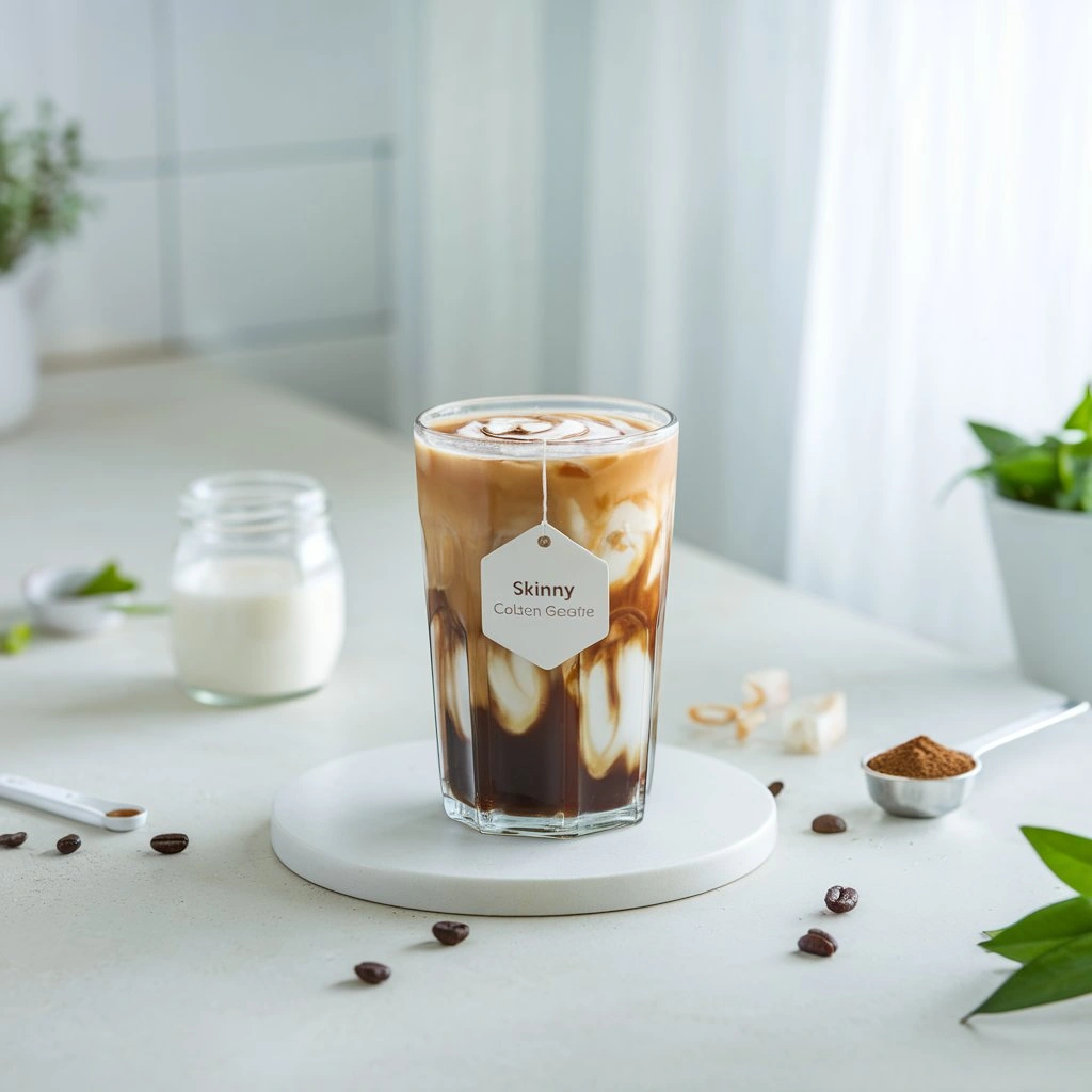 Skinny iced coffee with cold brew, almond milk, and stevia on a bright kitchen counter.