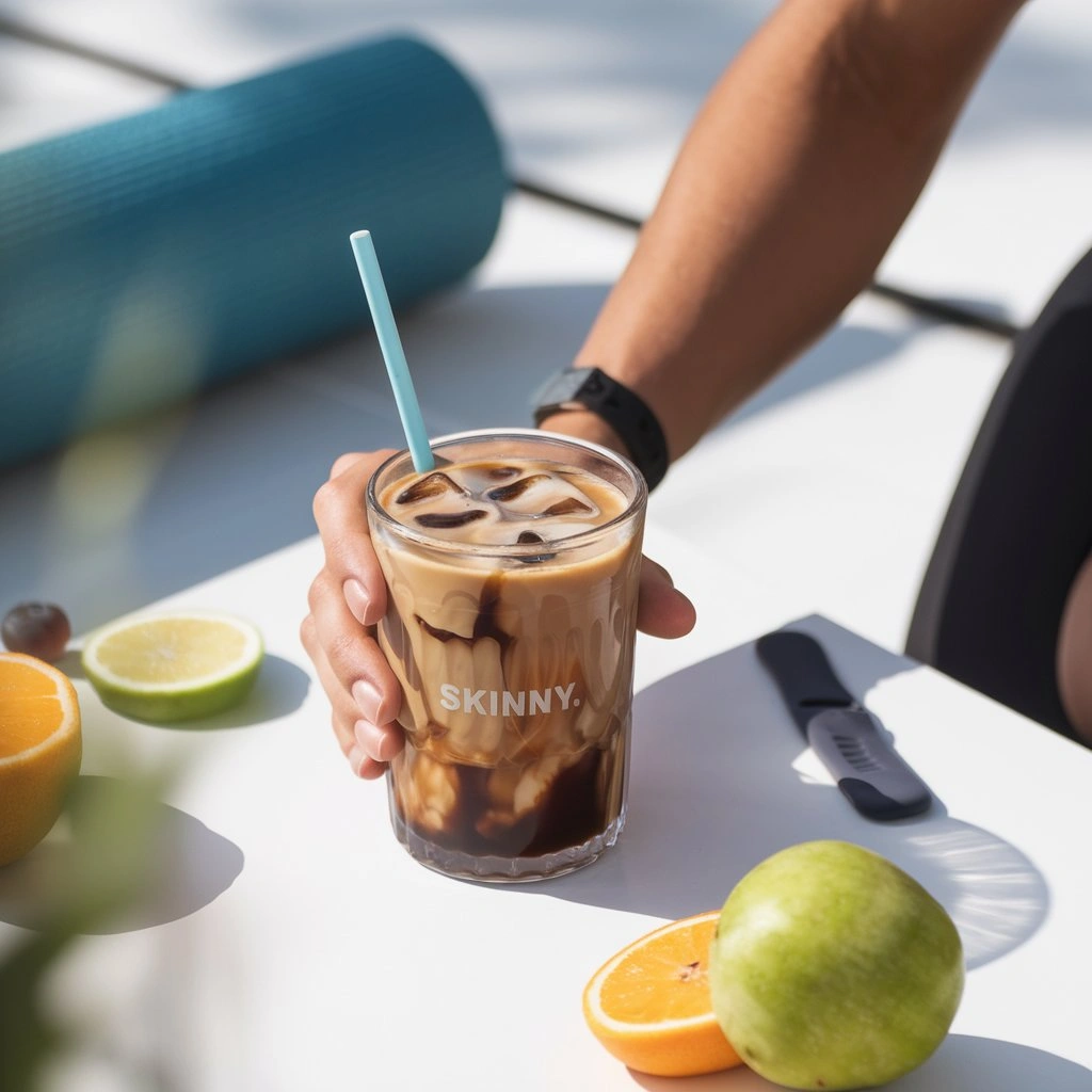 Fit person enjoying skinny iced coffee with almond milk and ice, surrounded by healthy lifestyle items.