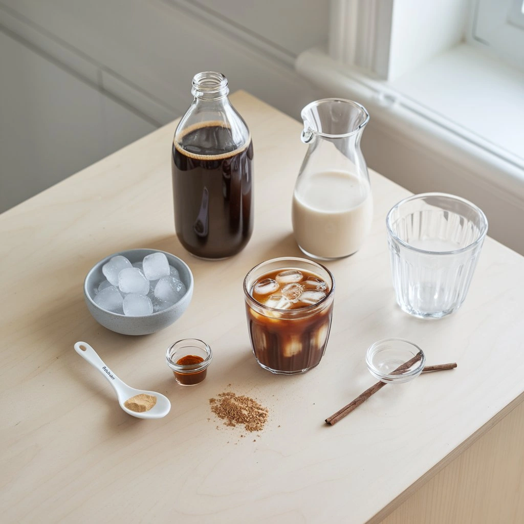 Flat-lay of skinny iced coffee ingredients: cold brew, almond milk, ice, stevia, and flavor enhancers on a bright counter.