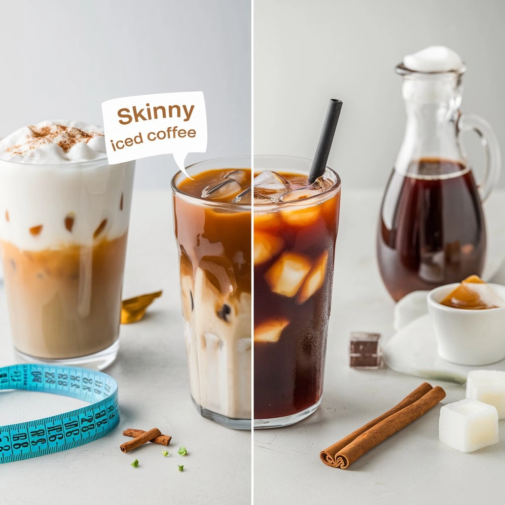 Comparison of skinny iced coffee and traditional iced coffee, with labels and ingredients like almond milk, stevia, and sugar cubes.