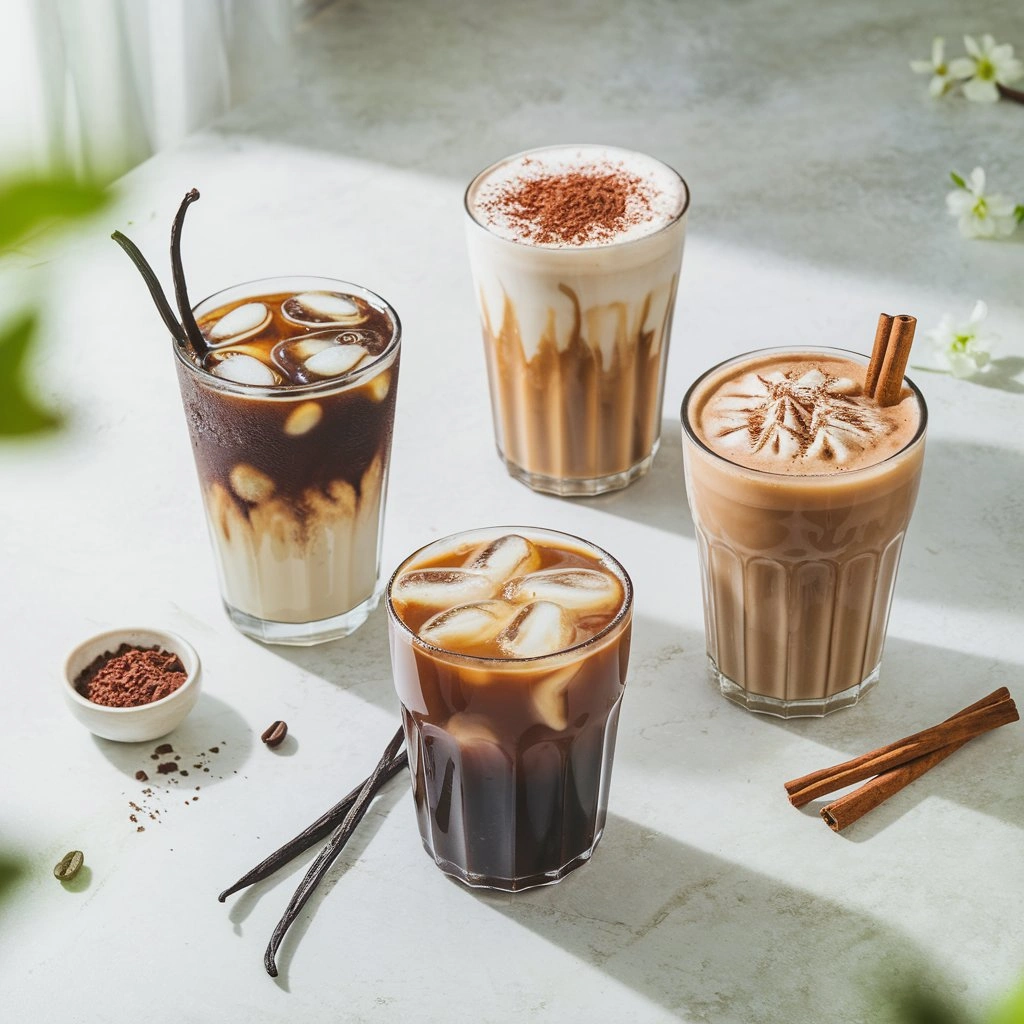 Flat-lay of 4 skinny iced coffee variations: Vanilla, Mocha, and Cinnamon, each in a transparent glass with labels.