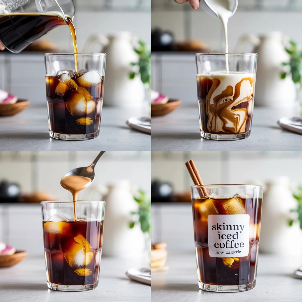 4-step process of making skinny iced coffee with cold brew, almond milk, stevia, and ice in a clear glass.