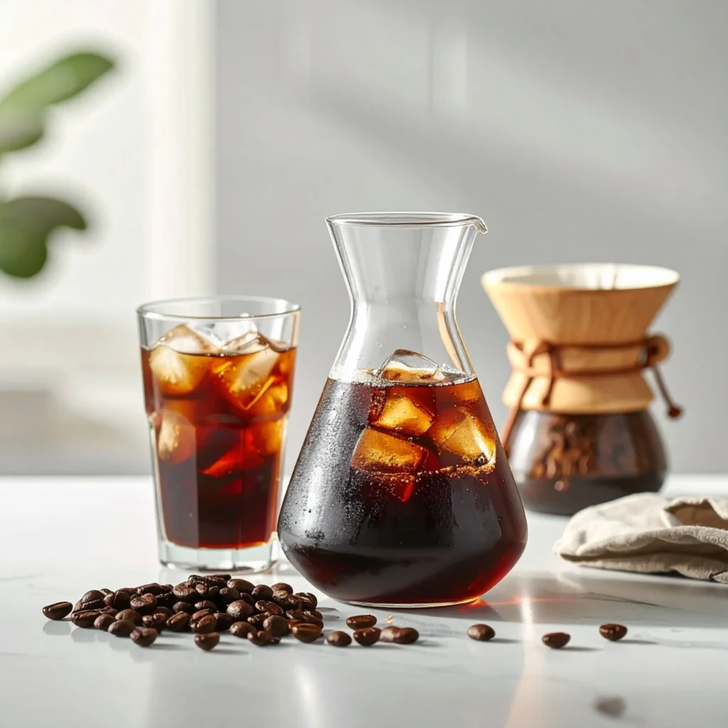 Chemex with iced coffee, coffee beans, and filter beside a clear glass carafe, set in a minimalist kitchen with natural light.
