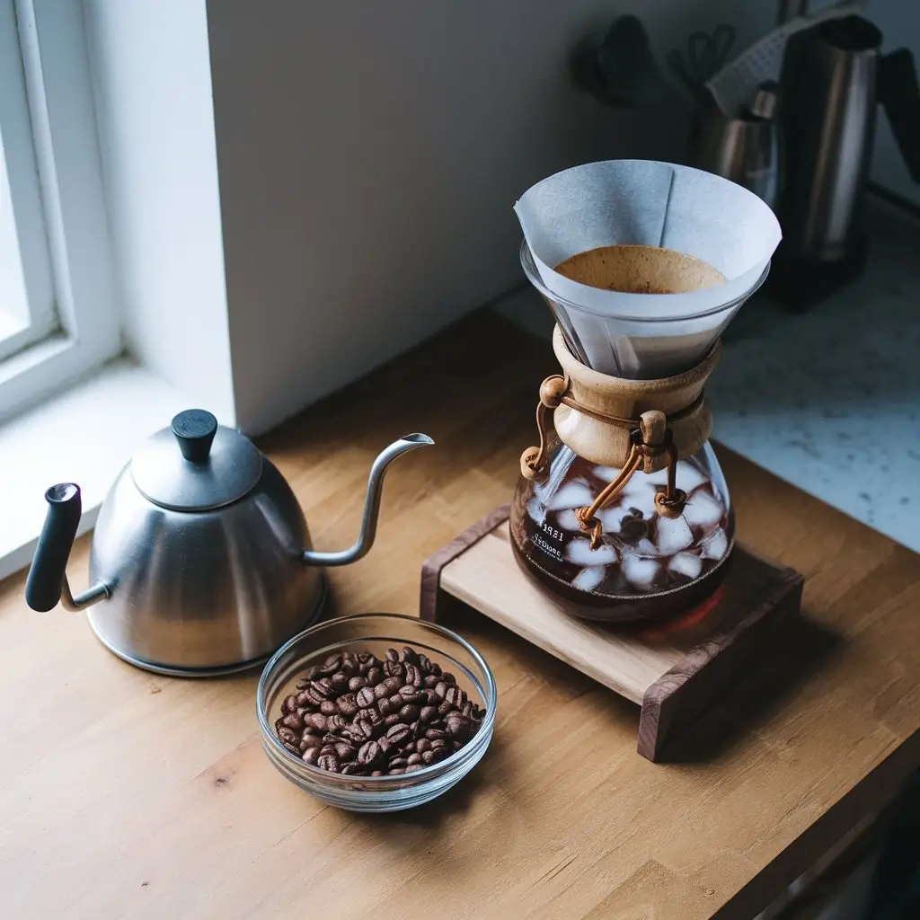 Top-down view of Chemex iced coffee setup with coffee beans, ice cubes, gooseneck kettle, paper filter, and glass carafe on a wooden table.