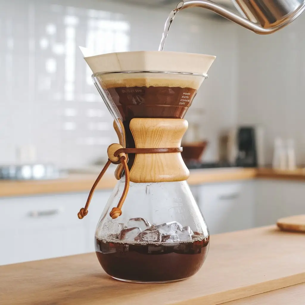 Step-by-step Chemex iced coffee brewing with coffee grounds, hot water being poured, and ice in carafe, on a wooden counter.