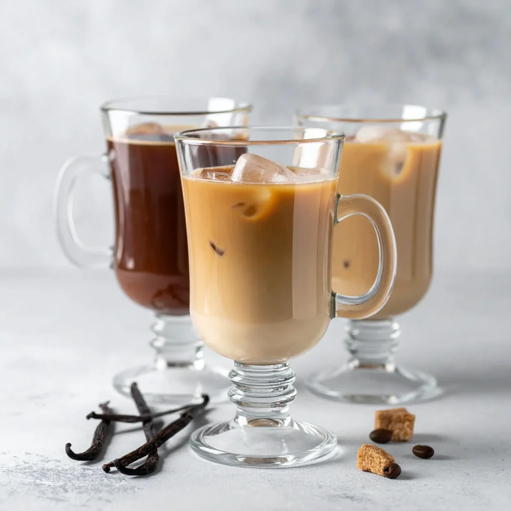 Chemex iced coffee with flavor variations like vanilla, cinnamon sticks, citrus slices, and milk beside the carafe on a wooden table.