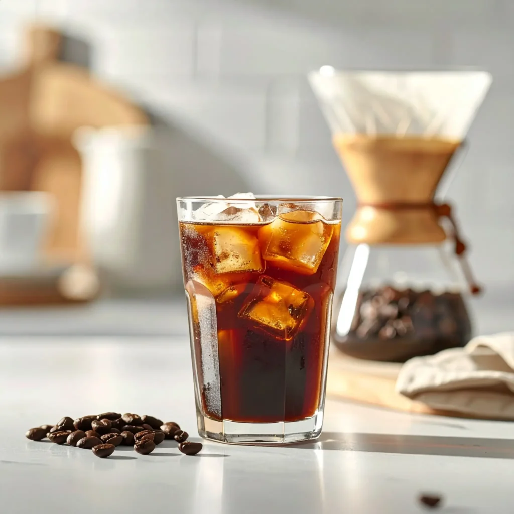 Chemex iced coffee on clean countertop with ice cubes, rich coffee, coffee beans, and filter beside it.