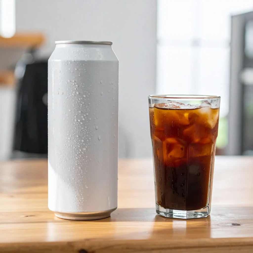 Multiple canned iced coffee drinks with condensation, one opened next to a glass of iced coffee on a wooden table.