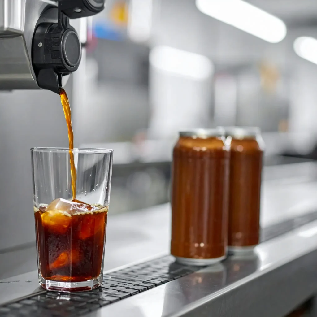 Canned iced coffee being filled on a factory line with stainless steel equipment and a glass of iced coffee nearby.