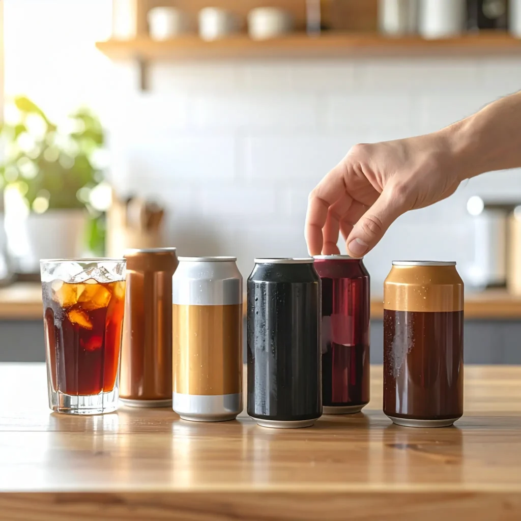 Various brands of canned iced coffee on a wooden table, with a hand reaching for a can and an open can beside a glass of iced coffee.
