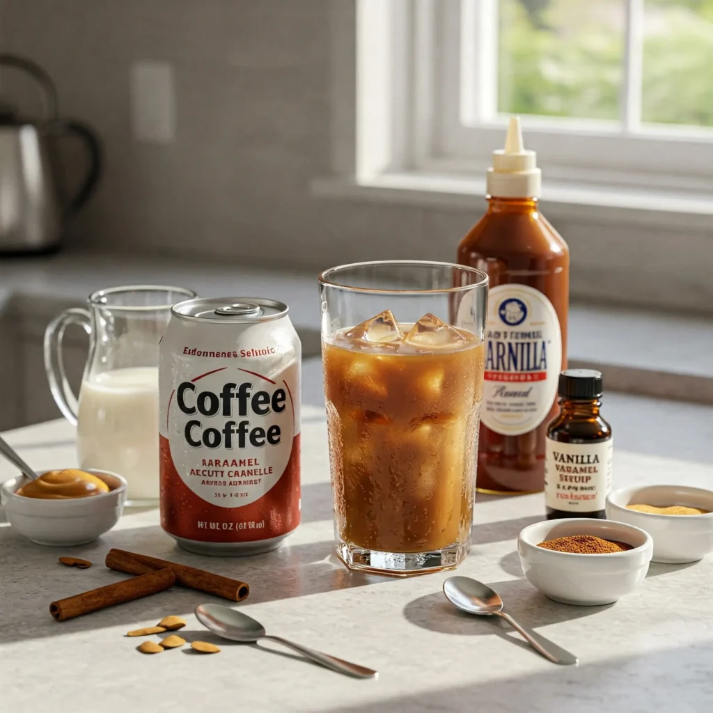 Canned iced coffee beside a glass of iced coffee with flavor add-ins like milk, caramel syrup, vanilla, and cinnamon sticks.