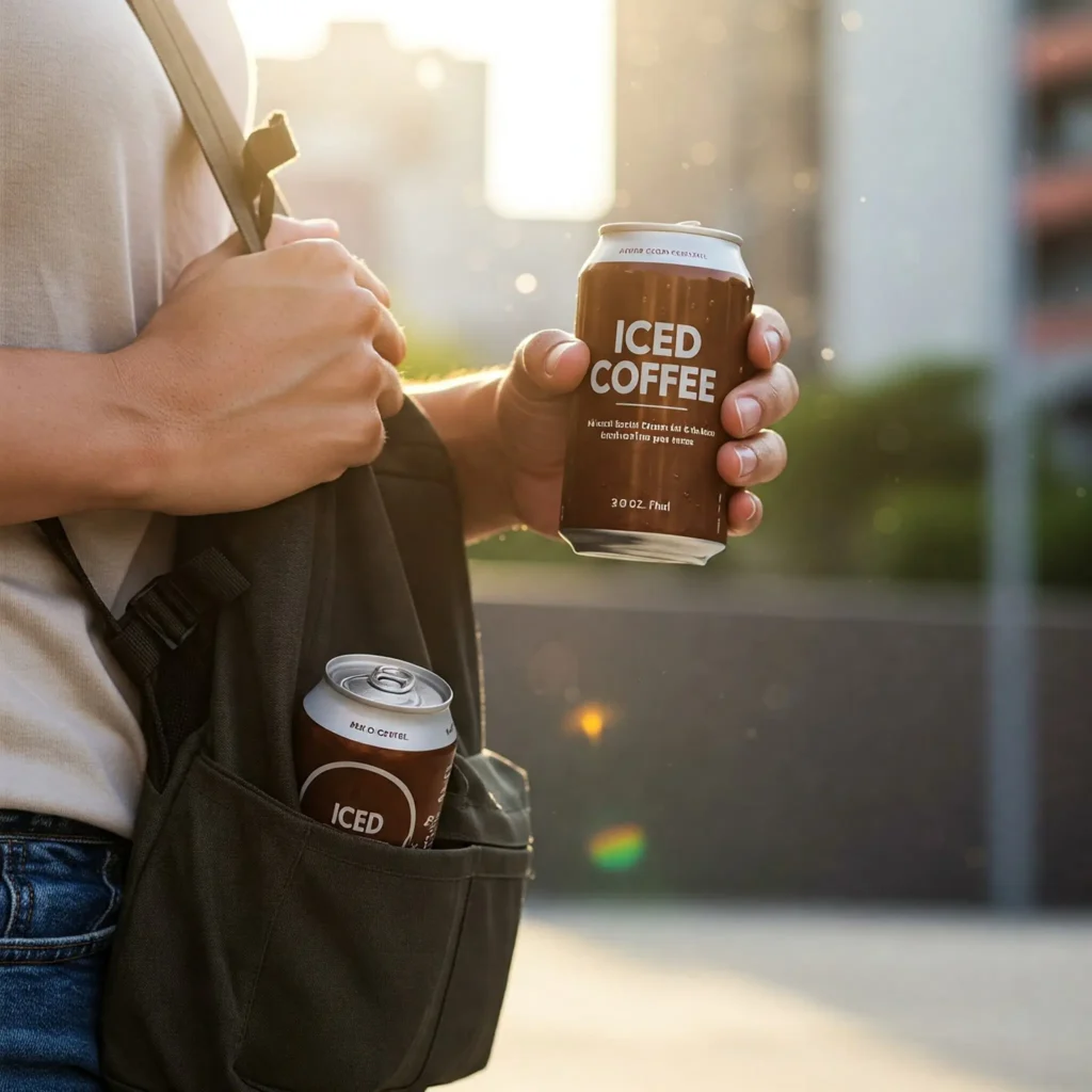 Canned iced coffee held in hand outdoors with a city or park background, second can in bag pocket.