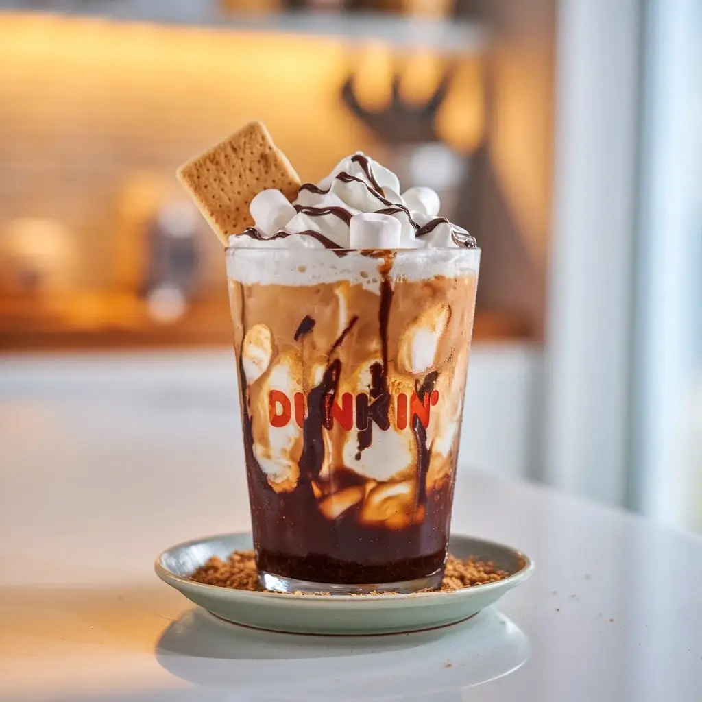 Close-up of Dunkin’s S'mores iced coffee with whipped cream, chocolate drizzle, marshmallows, and graham cracker rim.