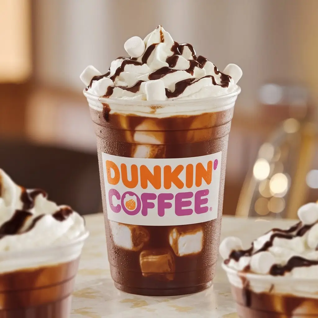 Close-up of Dunkin’s S'mores iced coffee with whipped cream, chocolate drizzle, mini marshmallows, and graham cracker crumbs on the rim.