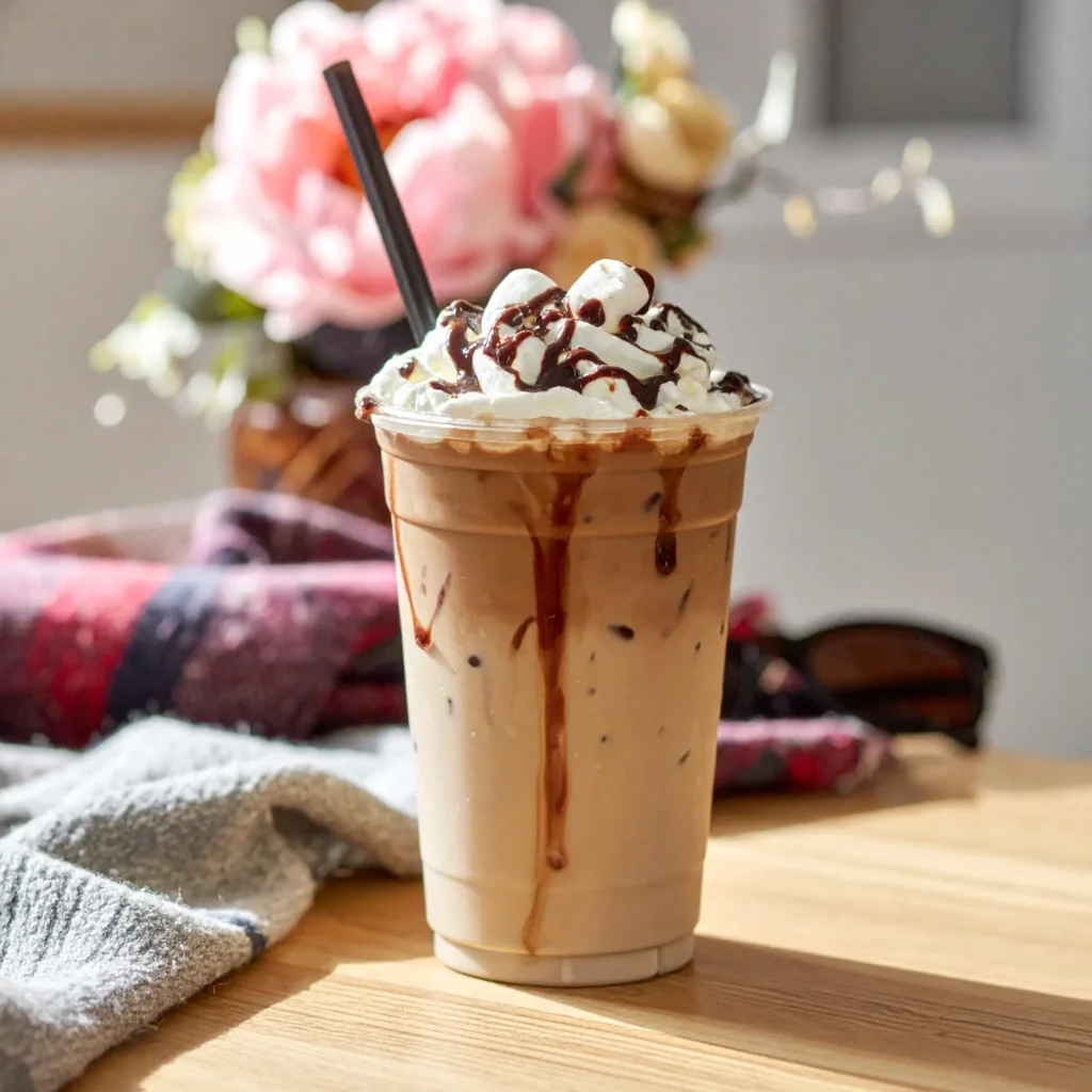 Dunkin’-style iced coffee cup filled with S’mores iced coffee, topped with whipped cream, chocolate drizzle, and marshmallows on a café table with seasonal props.