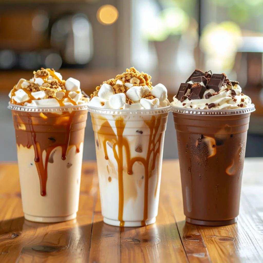 Three Dunkin’-style iced coffee cups with different S’mores twists: caramel drizzle, extra marshmallows, and chocolate chunks, all topped with whipped cream and graham cracker crumbs.