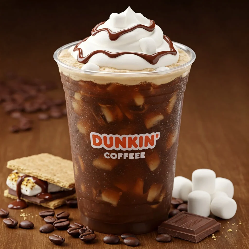 Close-up of Dunkin’-style iced coffee cup with S’mores iced coffee, topped with whipped cream, chocolate syrup, mini marshmallows, and surrounded by coffee beans and s’mores ingredients.