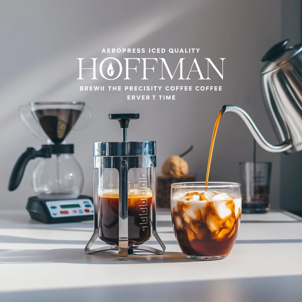 High-quality image of the Hoffman-style AeroPress iced coffee brewing process, with ice cubes in a glass, a coffee scale, kettle, and timer on a clean countertop, surrounded by coffee beans and ground coffee.