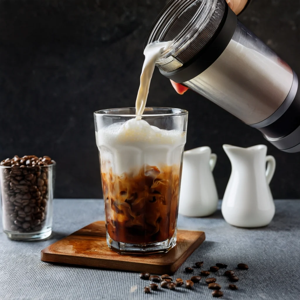 Realistic image of a creamy iced latte made with AeroPress, with milk swirling into dark espresso over ice, and ingredients like milk jug, spoon, and coffee beans on a clean countertop.