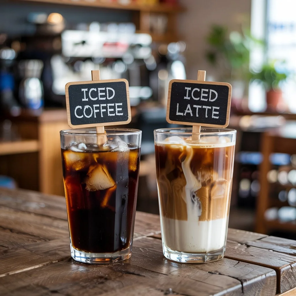 Iced coffee vs iced latte comparison.